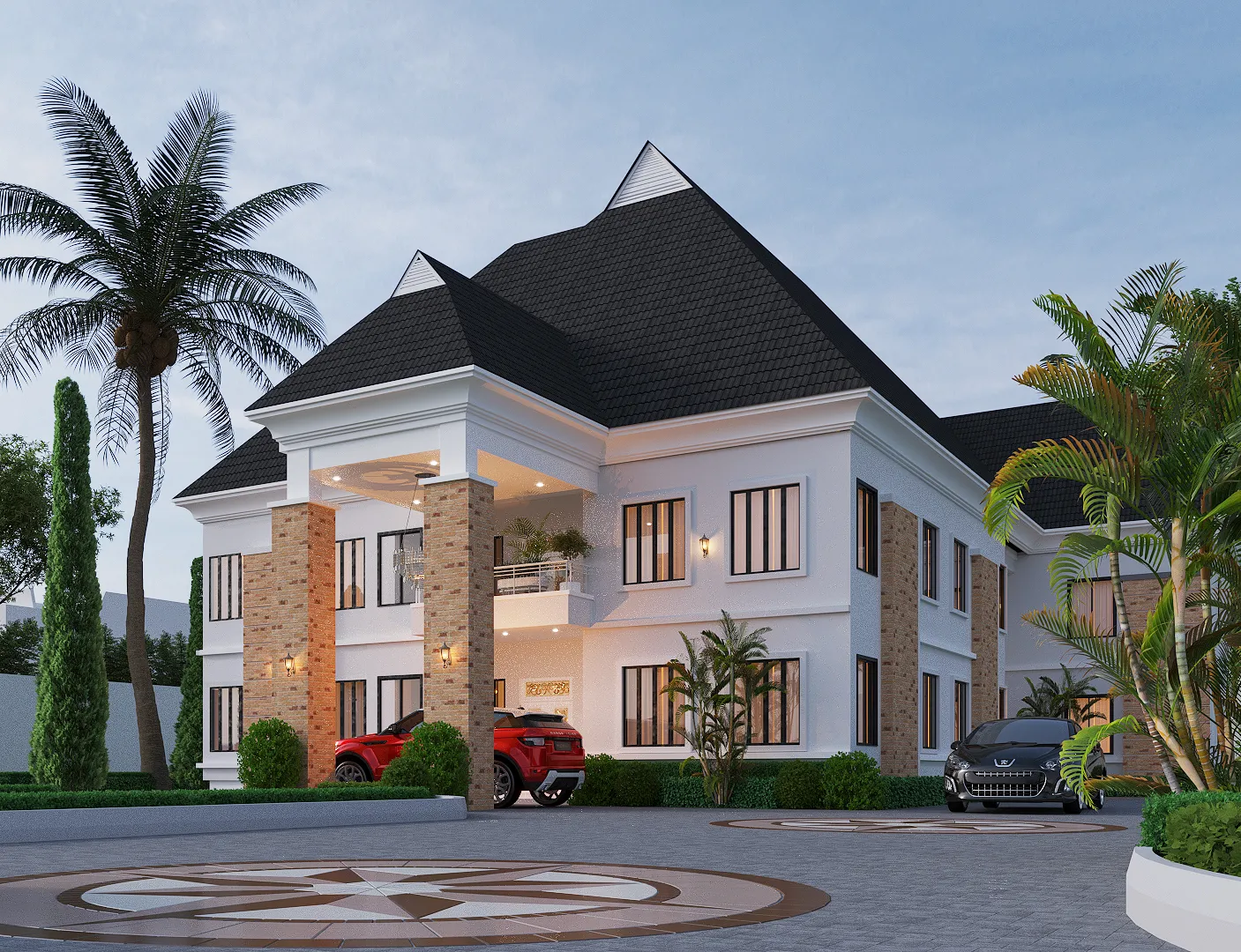 White mansion with 4 bedrooms design